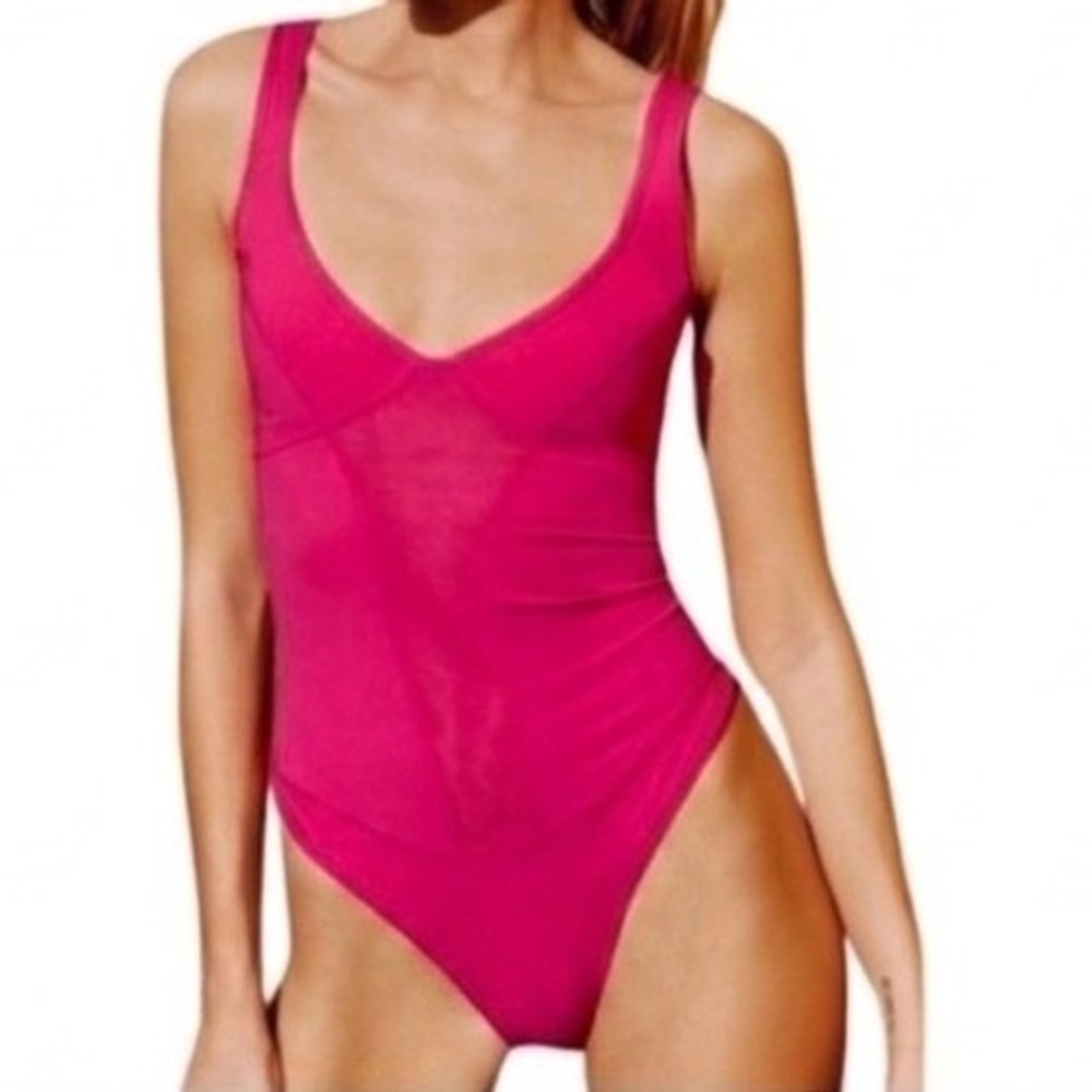 FP Movement Free People V Neck Mesh Panel Bodysuit Pink Small NWT